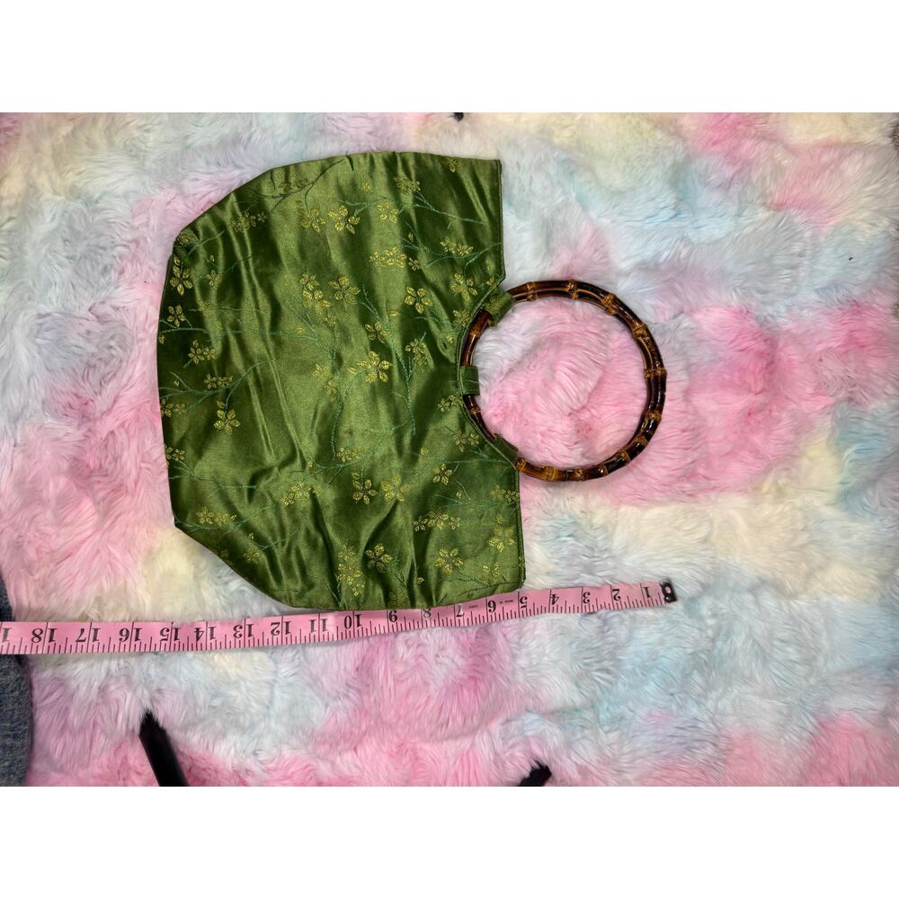 Vintage Green Satin Floral Bamboo Handle Bag Small Handbag - Picture 10 of 11